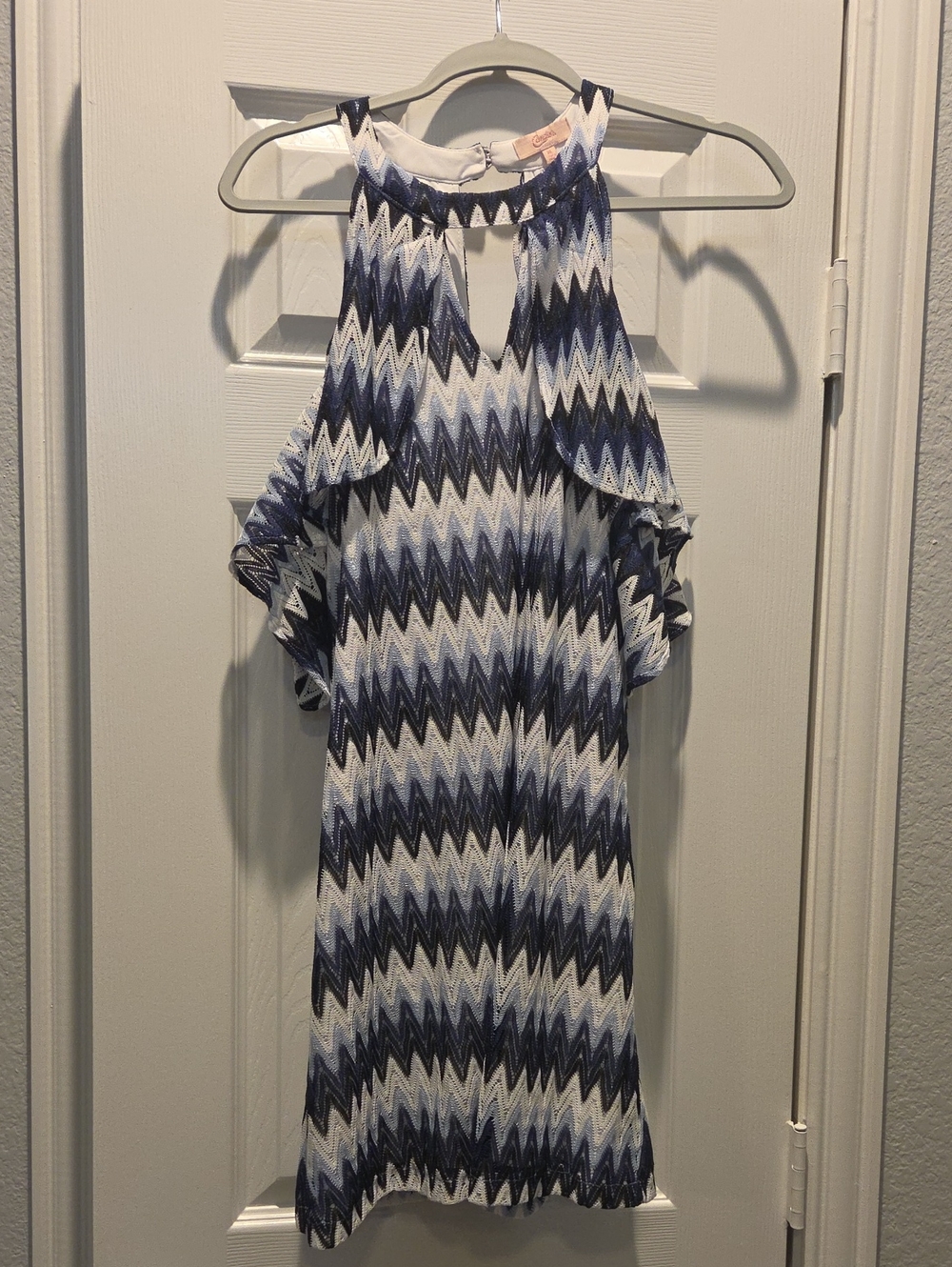 Candie's Navy and White Zigzag Cold-Shoulder Midi Dress